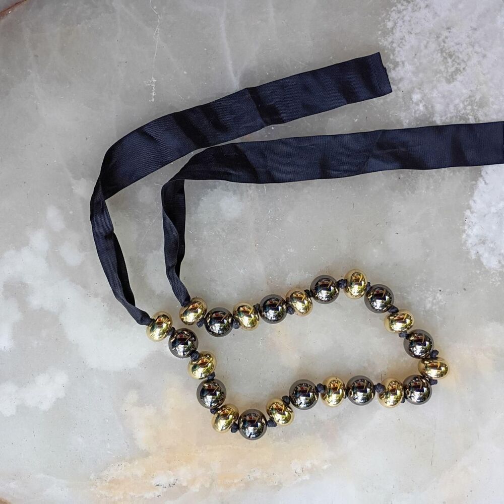 Source Unknown Black Ribbon Gold & Silver Beaded Tie Belt
